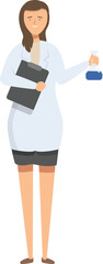 Female scientist is holding a flask and a folder, conducting a scientific experiment