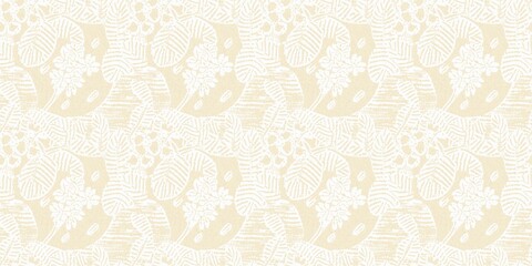 Modern white on cream lace effect wedding border texture. Soft tonal linen openwork block print with subtle hand drawn lattice damask printed fabric banner edge trim. 