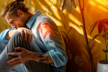 close shot of hand holding on leg muscle due to pain., acute pain highlighted in red spreading , man having joints pain