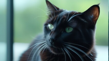 The cat sits near the window