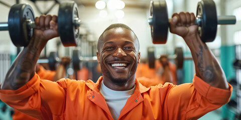 A man in an orange gym shirt demonstrates strength and positivity by lifting weights, expressing determination and happiness during his workout routine
