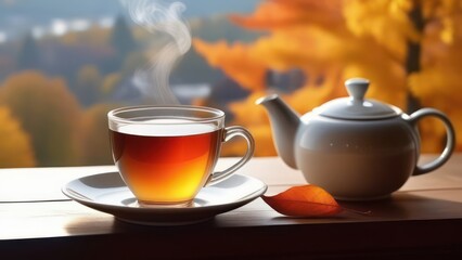 a cup of tea with steam on the background of a window and autumn leaves, autumn mood