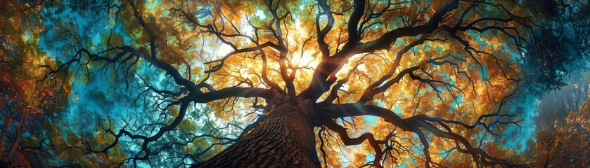 Abstract painting of a tree with colorful branches.