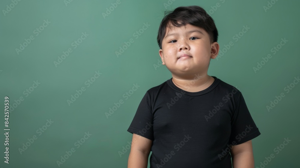 Wall mural a young boy in a black shirt stands against a green background