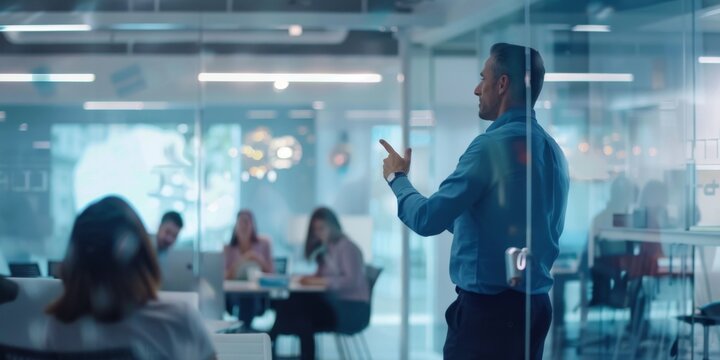 Business coach presenting to an engaged audience, pointing at notes in hand, in a modern glass-walled room. Motivational business presentation on sales graphics and designs, with attendees actively le