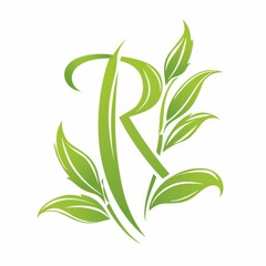 logo, vector design of green tea leaves in the shape of an "R" on a white background, in the style of a modern flat design with simple shapes and an organic green color palette of lines and curves, el