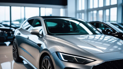 a close up view of a shiny car in a showroom with other vehicles in the background