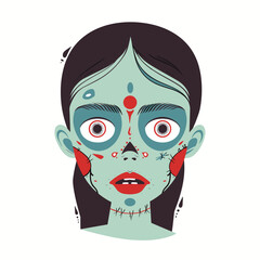 Zombie girl illustration exaggerated features horror theme. Green skin, stitched wounds, wide eyes convey undead. Creepy female face vector drawing designed Halloween