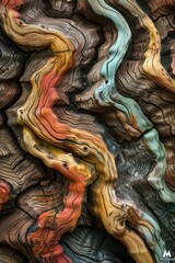 This AI generated image features abstract wood grain with vibrant swirls and textured layers. The intricate patterns and rich colors create a captivating and dynamic visual effect.