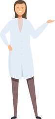 Smiling female doctor in white coat standing and showing something with hand gesture