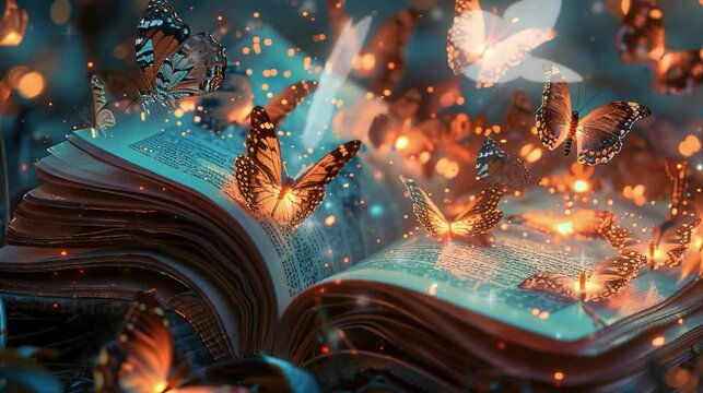 A book with the title "Mirela A" is open, glowing magical butterflies fly out of it and they have text written on their wings saying "Ponicu", in the style of fantasy, dark background