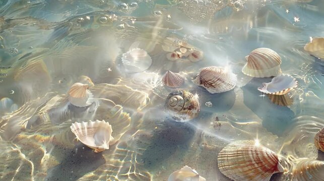 In the clear water, there is an array of shells and pearls floating on top. The sunlight shines through the waves onto them, creating beautiful light refractions