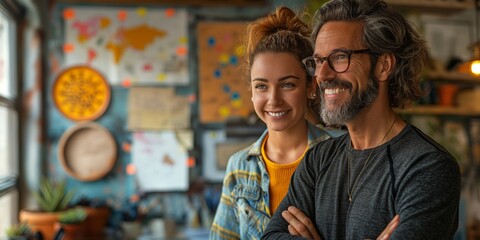 Fototapeta premium A cozy art workshop featuring a smiling couple in conversation, embodying teamwork and togetherness.