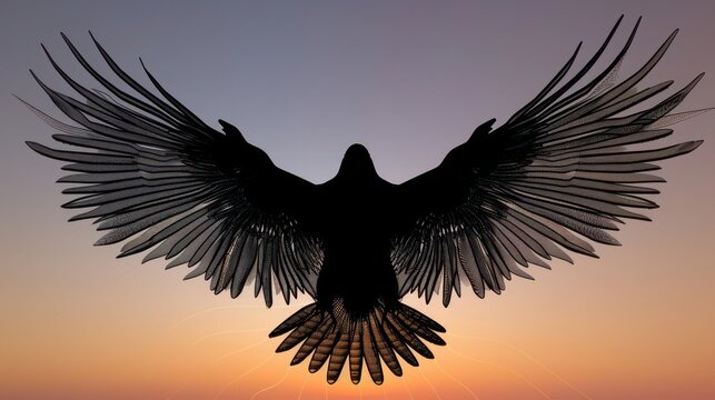 Minimalist eagle silhouette with dynamic, flowing lines radiating from its wings, symbolizing power and grace, set against a clear, twilight sky.