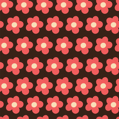 Nostalgic 60s and 70s retro background. Groovy flower power seamless pattern. Vintage hippie vector floral all over surface print. Ditsy grid wallpaper