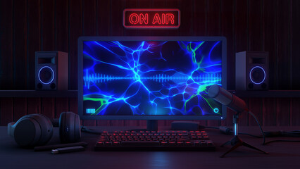 A darkly lit Podcast interior close in on a desktop PC with microphone and desktop accessories. 