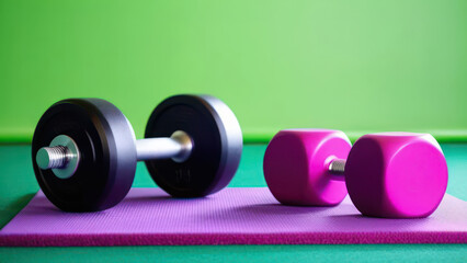 Tools for fitness exercises - pink and purple blocks, balls and dumbbell on green mat. free space for text