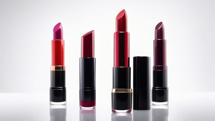 Obraz premium Collection of four colors of lipstick on a white background 