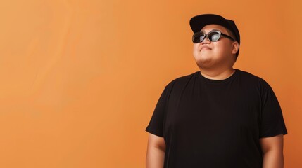 Obraz premium A man wearing a black t-shirt and sunglasses poses against a vibrant orange backdrop