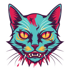 Colorful cat head illustration aggressive expression sharp fangs. Vivid turquoise pink hues pop art style design fierce feline. Intense eyes detailed whiskers stylized cat graphic