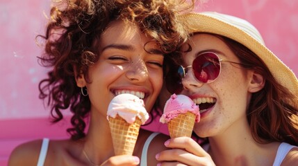 A friends eating ice cream cones.