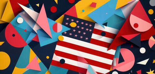 Obraz premium Modern American flag design featuring an abstract arrangement of geometric shapes like triangles, circles, and squares, in vibrant colors.