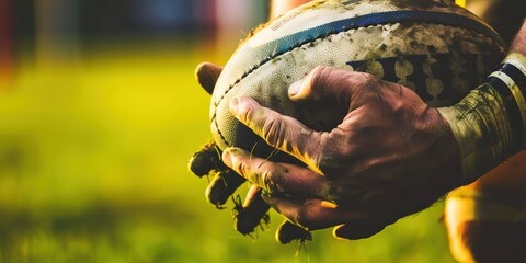 A sports player holding a ball against a rugby field.