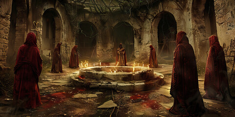 Sacrificial Circle: Demonic Cultists Offering a Sacrifice to Their Deity - Cultists standing around a stone altar, with a victim bound and helpless, ready to be offered as a sacrifice to their demonic