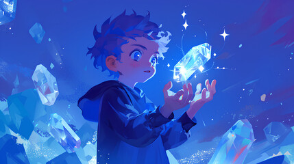 a boy is practicing learning ice crystal magic