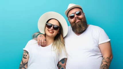 A happy couple wearing white t-shirts and sunglasses smiles for the camera