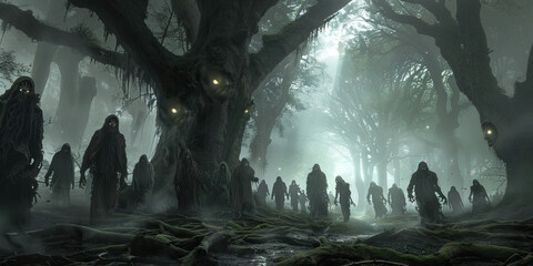 Coven of Shadows: Demonic Cultists Meeting in a Haunted Forest - Cultists gathered among gnarled trees and misty fog, their eyes glowing with an otherworldly light, as they commune with dark forces