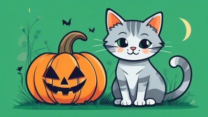 Halloween cat, Jack o lantern pumpkin and grey kitten on green grass, Bright colorful Halloween image
