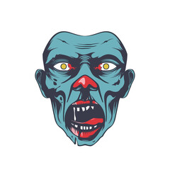 Blue zombie face showing anger fear, detailed undead monster head. Terrifying creature eyes glowing, fierce expression, fantasy horror character. Halloween themed graphic, menacing undead visage