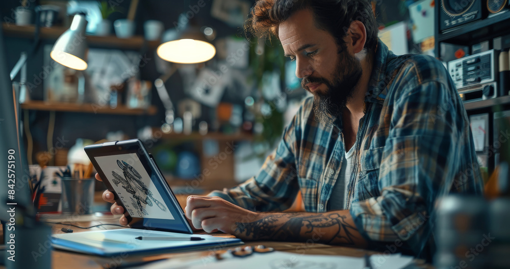 Fototapete A freelancer working on a character animation on a tablet with design software. Generative AI.