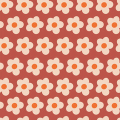 Nostalgic 60s and 70s retro background. Groovy flower power seamless pattern. Vintage hippie vector floral all over surface print. Ditsy grid wallpaper