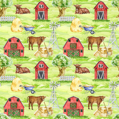 Farm life vintage style seamless pattern. Watercolor painted illustration. Hand dawn red barn, hay stack, cows, straw elements. Rancho scene with animals seamless pattern