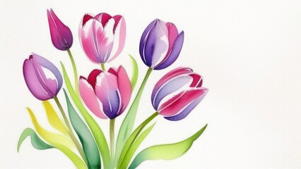 Purple pink tulip bouquet on white background. greeting card. Woman day concept. Copyspace for text.