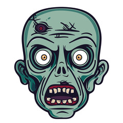Zombie head illustration bulging eyes rotting skin. Cartoon undead creature missing teeth wounded head. Green skinned zombie vector shocked expression isolated white background