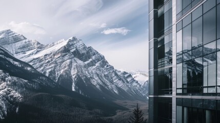 Striking Contrast: Modern Skyscraper Against Dramatic Mountain Range