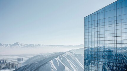 Striking Contrast: Modern Skyscraper Against Dramatic Mountain Range