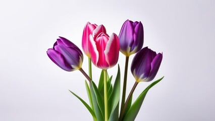 Fototapeta premium Purple pink tulip bouquet on white background. greeting card. Woman day concept. Copyspace for text.