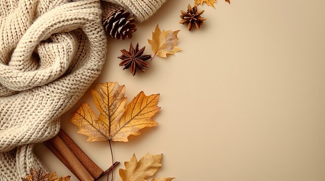 Autumn aesthetic concept. Top view photo of yellow maple leaves cinnamon sticks anise pine cones and scarf on isolated beige background with empty space