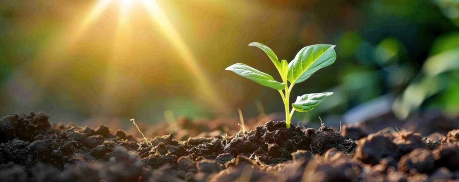 A small plant is growing in the dirt. The sun is shining on it, making it look like it's just starting to grow