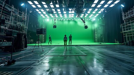 A large movie sound stage with a massive green screen, two actors hang from the ceiling on wires surrounded by crew and equipment. Generative AI.