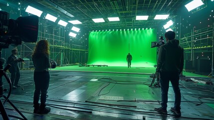 Obraz premium A large movie sound stage with a massive green screen, two actors hang from the ceiling on wires surrounded by crew and equipment. Generative AI.