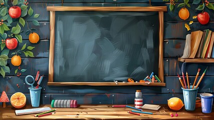 Banner back to school with blackboard and supplies