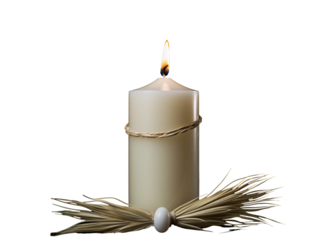 a white candle with a flame and straw