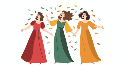 Fototapeta premium Three women celebrate joyfully, autumn leaves fall around them, excitement evident their openarmed poses. Dressed long elegant dresses, one red, another green third mustard, ladies express happiness