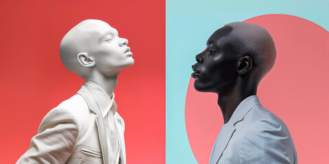 This image showcases two stylized portraits with contrasting lighting and coloration. Each character faces opposite directions against vibrant backgrounds