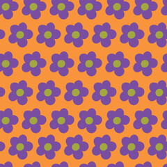Nostalgic 60s and 70s retro background. Groovy flower power seamless pattern. Vintage hippie vector floral all over surface print. Ditsy grid wallpaper